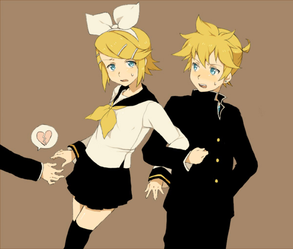 hitsujiya, hitujiya, kagamine len, kagamine rin, vocaloid, bad id, bad pixiv id, 1boy, 1girl, blonde hair, blue eyes, brother and sister, hair ornament, hair ribbon, hairclip, heart, ribbon, school uniform, short hair, siblings, simple background, sweat, thighhighs, twins