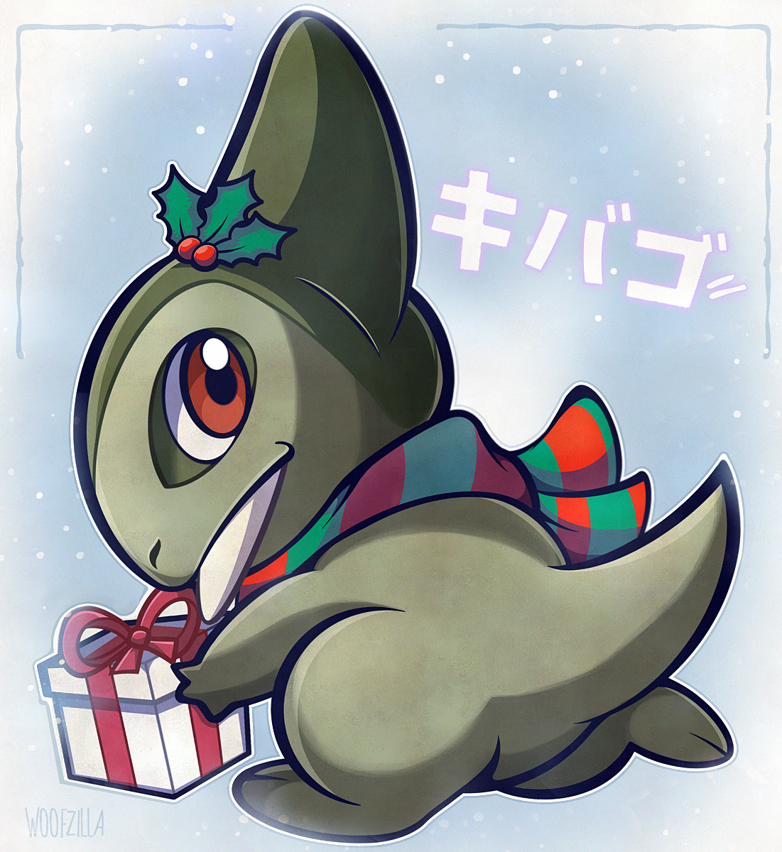 woofzilla, axew, nintendo, pokemon, highres, box, closed mouth, full body, gen 5 pokemon, gift, gift box, holly, looking at viewer, looking back, no humans, nostrils, pokemon (creature), red eyes, running, scarf, snowing, solo, striped clothes, striped scarf