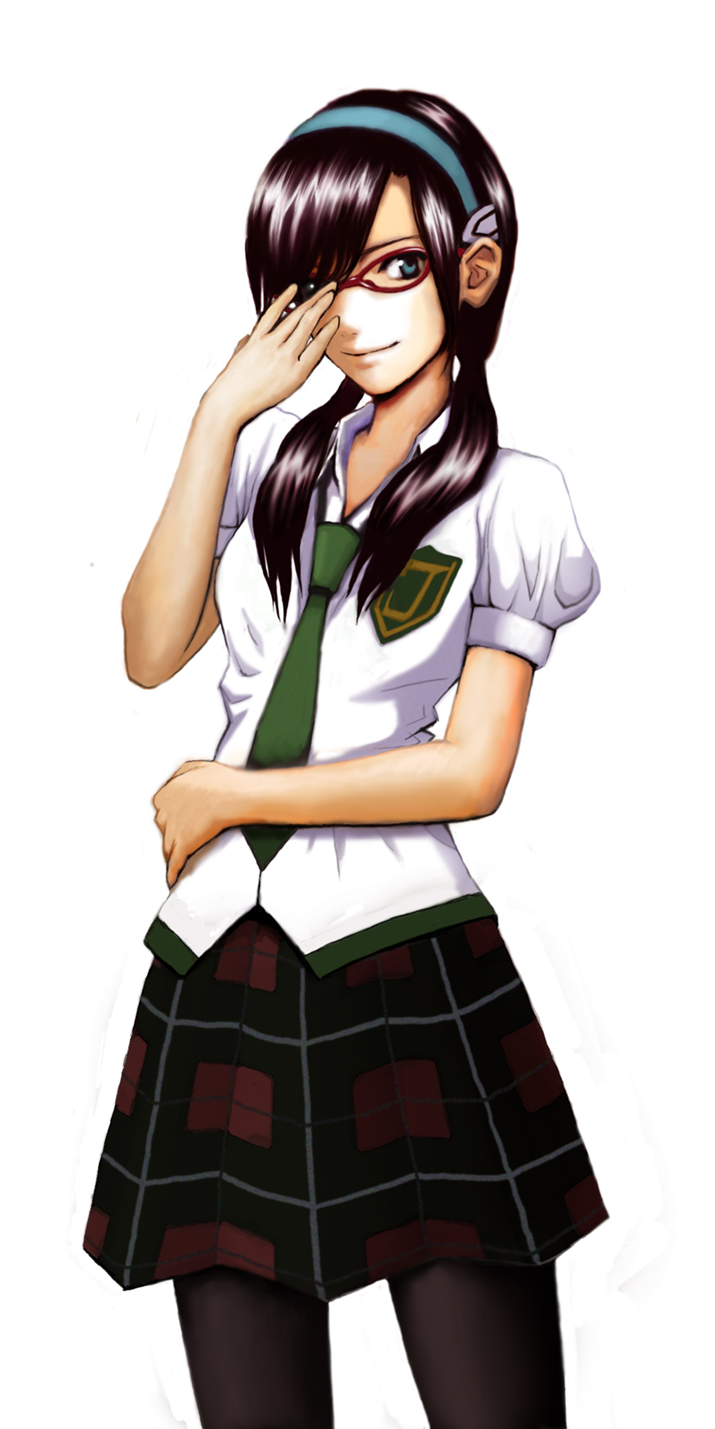ponfutoshi, makinami mari illustrious, evangelion: 2.0 you can (not) advance, neon genesis evangelion, rebuild of evangelion, bad id, bad pixiv id, highres, 00s, 1girl, adjusting eyewear, blue eyes, brown hair, female focus, glasses, hairband, headband, necktie, pantyhose, plaid clothes, plaid skirt, school uniform, simple background, skirt, smile, solo, twintails, white background