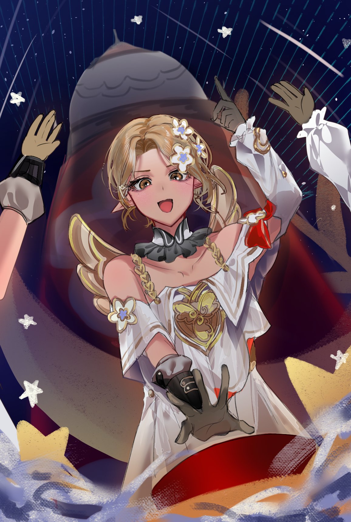 kanako (fuwachu), trianne (honkai: star rail), tribbie (honkai: star rail), trinnon (honkai: star rail), honkai: star rail, honkai (series), highres, 3girls, angel wings, arm up, bare shoulders, black gloves, bow, brown eyes, brown hair, collarbone, cosplay, detached collar, dress, flower, gloves, hair flower, hair ornament, hayden daviau, looking down, multiple girls, open mouth, pointy ears, push-button, red bow, rocket, short hair, sky, smile, star (sky), star (symbol), starry sky, tribbie (honkai: star rail) (cosplay), voice actor connection, white dress, white flower, wings