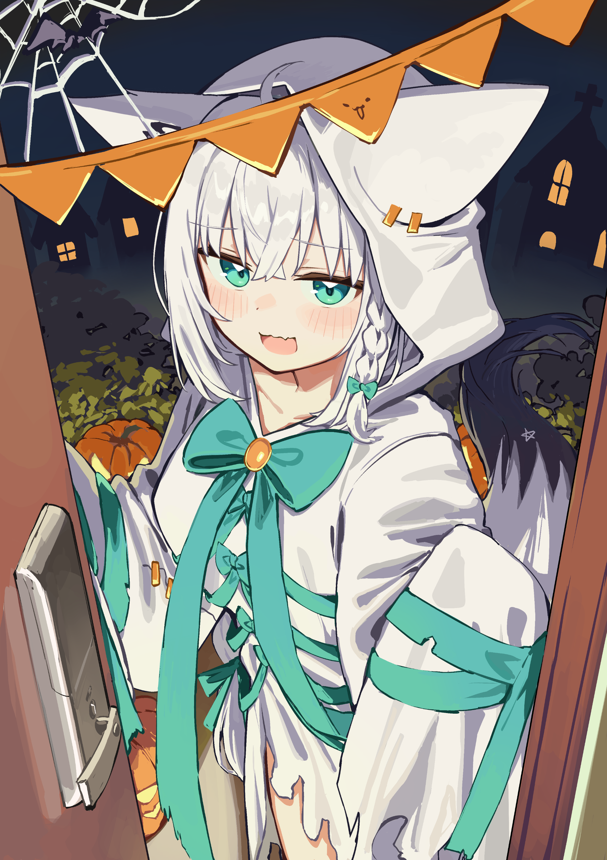 deaver, shirakami fubuki, hololive, absurdres, commentary request, highres, 1girl, :d, ahoge, alternate costume, animal ear hood, animal ears, aqua eyes, blue bow, blue bowtie, bow, bowtie, braid, crossed bangs, double-parted bangs, dress, fake animal ears, fang, fox ears, fox girl, ghost costume, hair between eyes, halloween, hood, hood up, hooded dress, long hair, looking at viewer, night, open mouth, pentagram, short dress, side braid, single braid, skin fang, sleeves past fingers, sleeves past wrists, smile, solo, torn clothes, torn dress, virtual youtuber, white dress, white hair