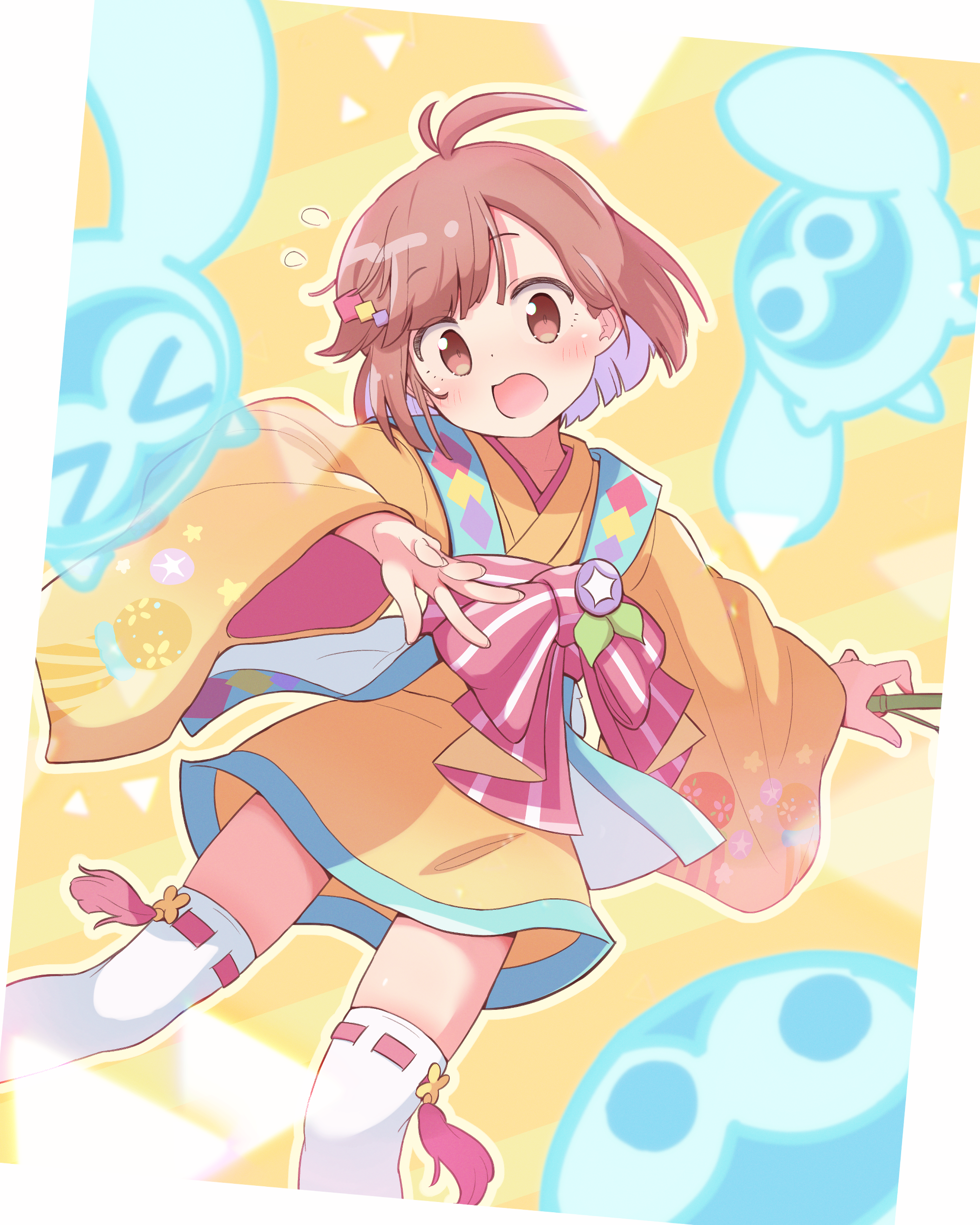 jazz grace, atari (puyopuyo), puyopuyo, puyopuyo quest, absurdres, commentary request, highres, 1girl, 1other, ahoge, blunt bangs, blush, brown hair, floral print, holding, japanese clothes, kimono, long sleeves, looking at viewer, non-humanoid robot, obi, official alternate costume, open mouth, puubot (puyopuyo), red eyes, ribbon, robot, sash, short hair, sweatdrop, thighhighs, wide sleeves