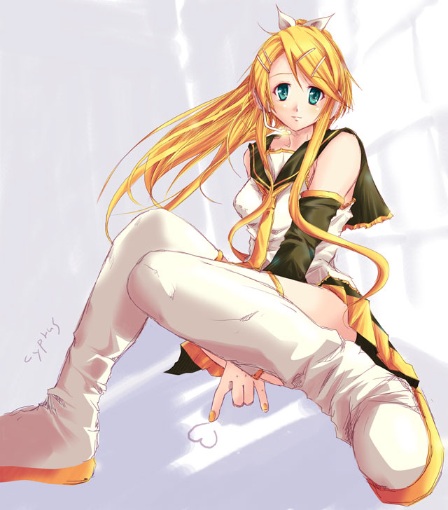 cyprus (circle), kagamine rin, kagamine rin (future style), vocaloid, alternate hairstyle, aqua eyes, blonde hair, hair ornament, hair ribbon, hairclip, headphones, headset, long hair, necktie, ribbon, sitting, skirt, solo, thighhighs