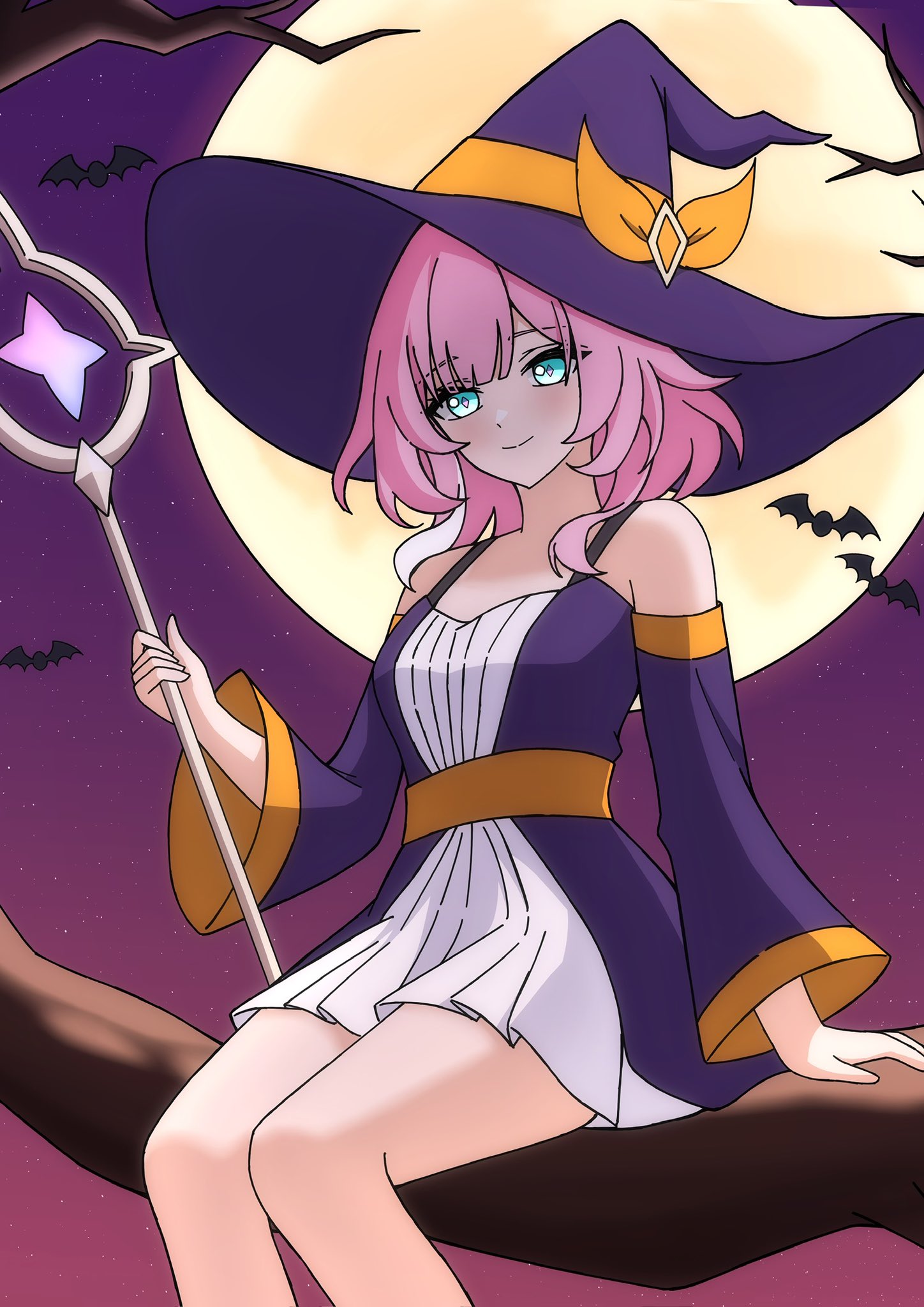 bokutaaaa, cyrene (aedes elysiae) (honkai: star rail), cyrene (honkai: star rail), honkai: star rail, honkai (series), commentary request, highres, 1girl, bare shoulders, blue eyes, breasts, coat, dress, full moon, halloween, halloween costume, hat, holding, holding staff, looking at viewer, moon, multicolored hair, night, night sky, pink hair, purple coat, short hair, sitting on branch, sky, small breasts, solo, staff, thighs, two-tone hair, white dress, white hair, witch hat