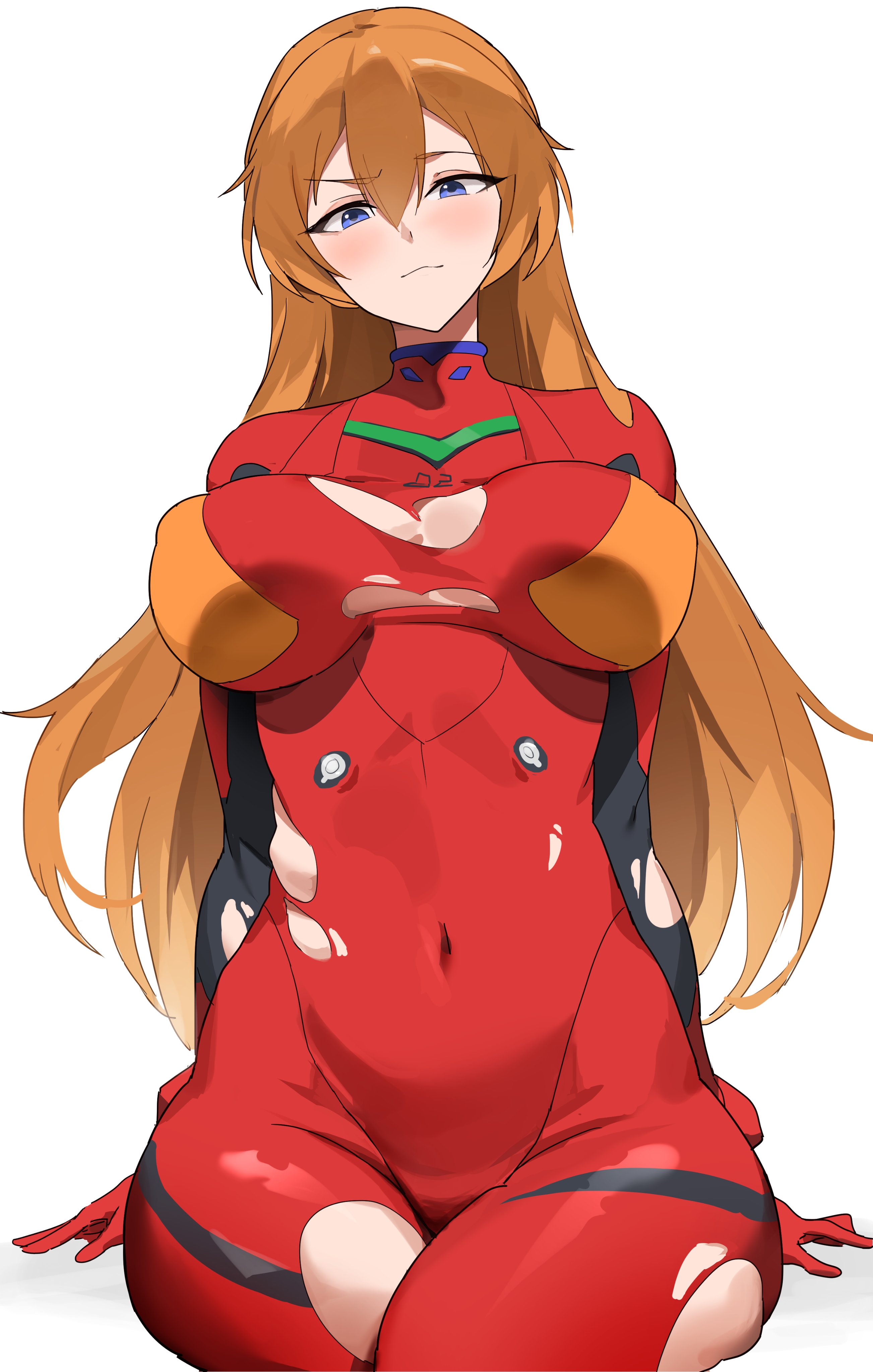 t-lex, souryuu asuka langley, evangelion: 3.0+1.0 thrice upon a time, neon genesis evangelion, rebuild of evangelion, absurdres, highres, 1girl, alternate breast size (larger), alternate hair length, alternate hairstyle, blue eyes, blush, bodysuit, breasts, brown hair, cowboy shot, curvy, hair between eyes, hair down, hands in own hair, interface headset (evangelion), large breasts, long hair, mecha pilot suit, open mouth, plugsuit (evangelion), red bodysuit, shiny clothes, simple background, sitting, smile, solo, torn bodysuit, torn clothes, white background, wide hips