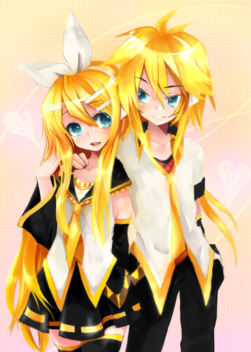 mosho, kagamine len, kagamine rin, kagamine rin (future style), vocaloid, 1boy, 1girl, aged up, alternate hairstyle, aqua eyes, brother and sister, hair ornament, hair ribbon, hairclip, long hair, necktie, ribbon, siblings, smile, twins, yellow necktie