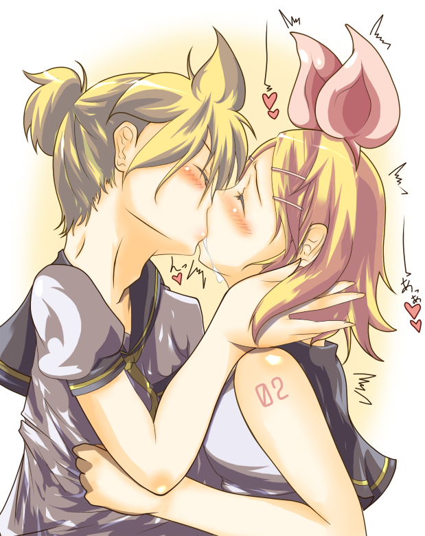 atsushi (pixiv), guunome, kagamine len, kagamine rin, vocaloid, 1boy, 1girl, blonde hair, blush, brother and sister, hair ornament, hair ribbon, hairclip, heart, hetero, incest, kiss, ribbon, short hair, siblings, trembling, twincest, twins