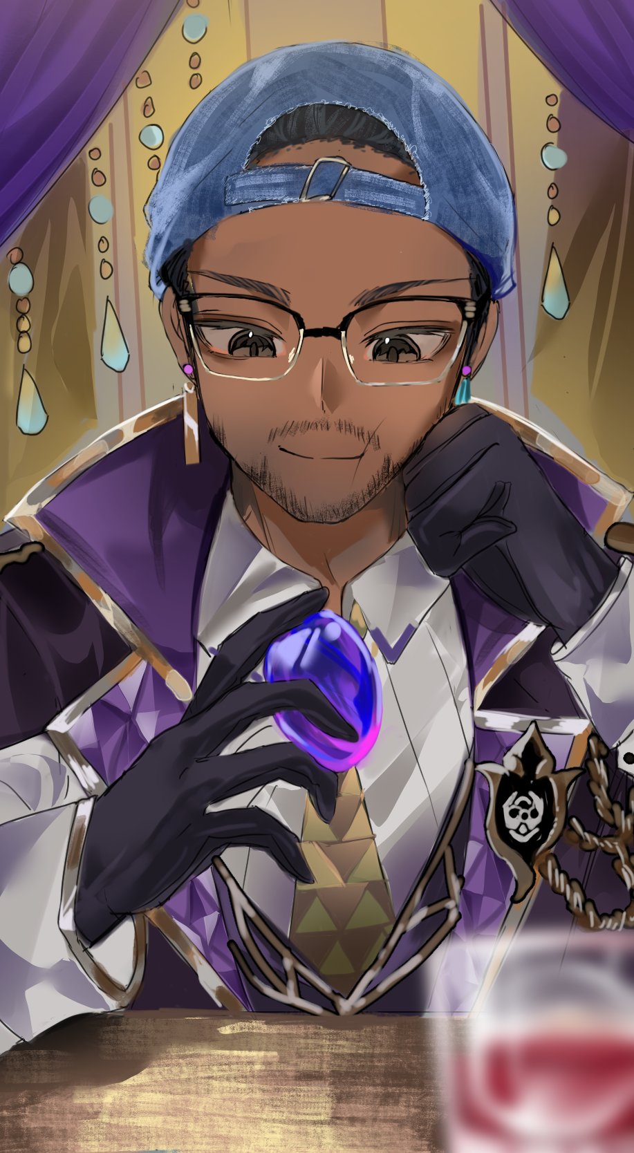 kanako (fuwachu), sugilite (honkai: star rail), sugilite (stoneheart's oath ring) (honkai: star rail), honkai: star rail, honkai (series), highres, 1boy, aj beckles, backwards hat, baseball cap, black eyes, black gloves, black hair, blue hat, collared shirt, cosplay, cup, curtains, dark-skinned male, dark skin, earrings, facial hair, gem, glasses, gloves, hand on own cheek, hand on own face, hat, holding, holding gem, jewelry, long sleeves, looking at another, male focus, necktie, purple vest, shirt, solo, table, vest, voice actor connection, white shirt, yellow necktie