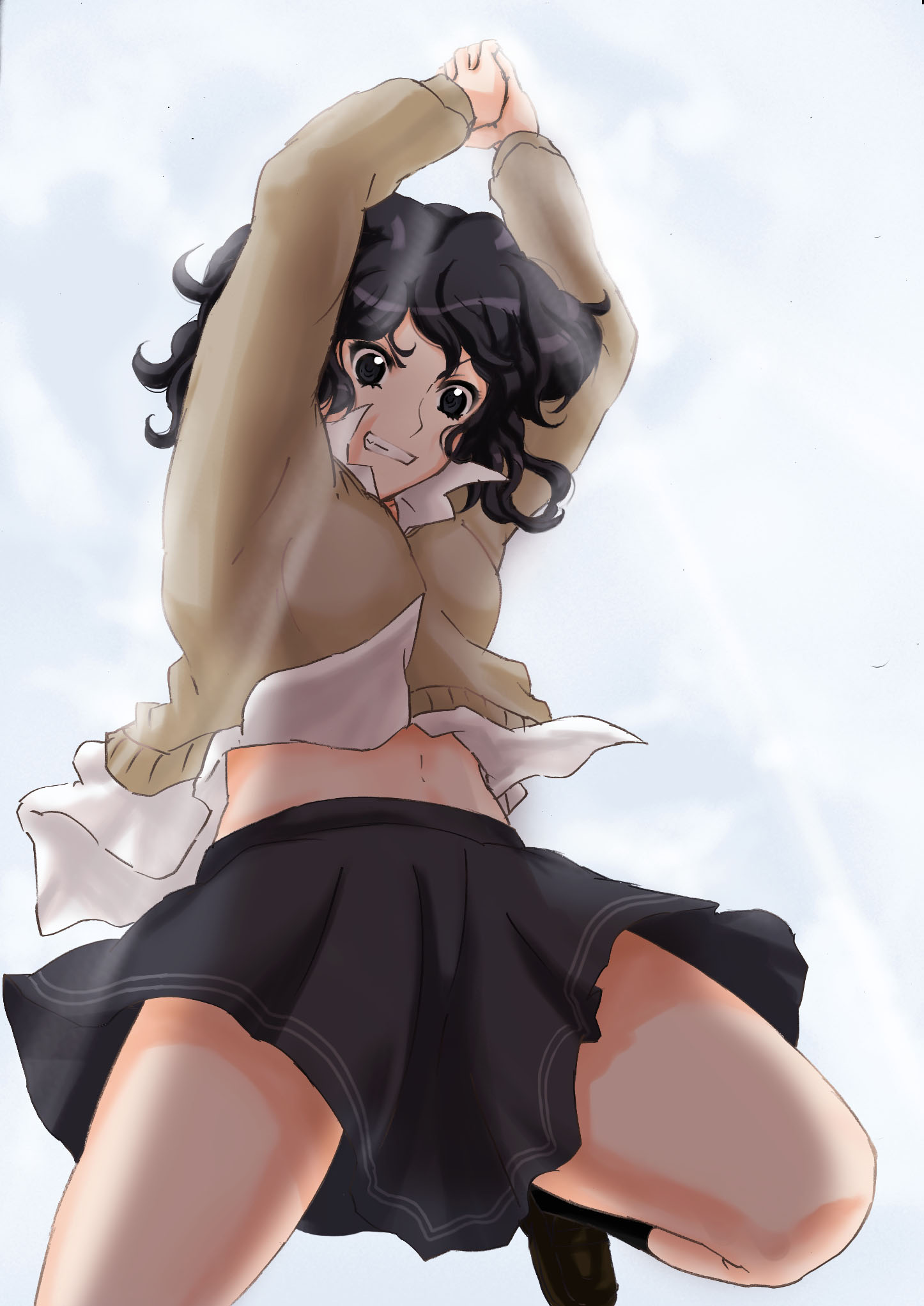 kirin the himemiya, tanamachi kaoru, amagami, highres, black hair, from below, midriff, open collar, school uniform, solo, sweater