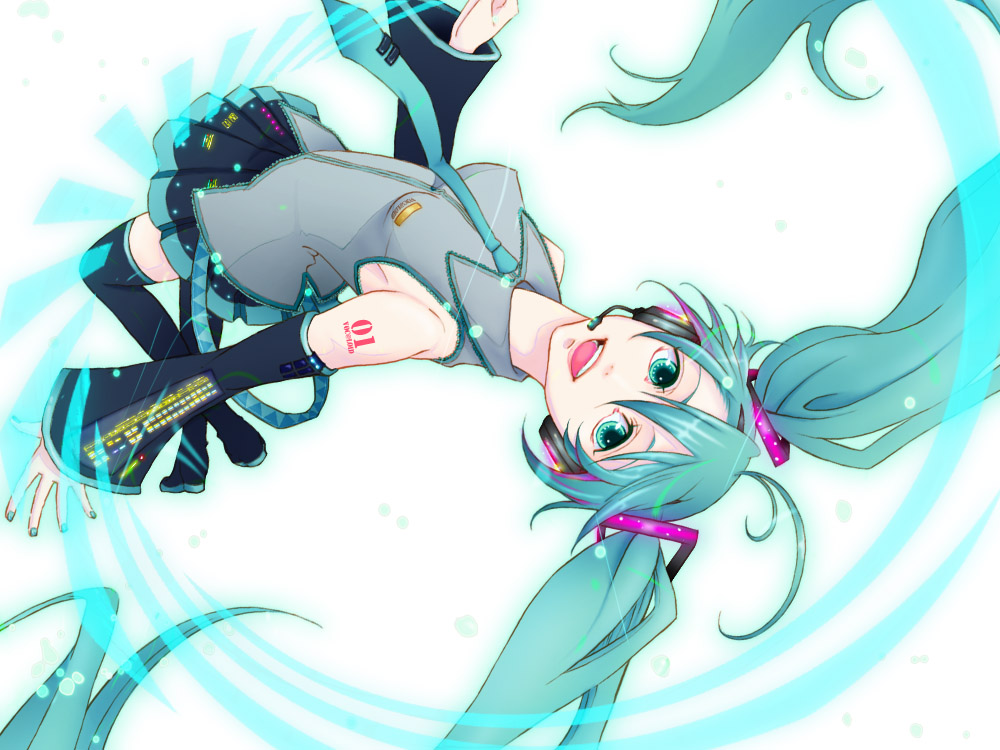 saya chocolate513, hatsune miku, vocaloid, aqua eyes, aqua hair, detached sleeves, headphones, headset, jumping, long hair, necktie, smile, solo, thighhighs, twintails, zettai ryouiki