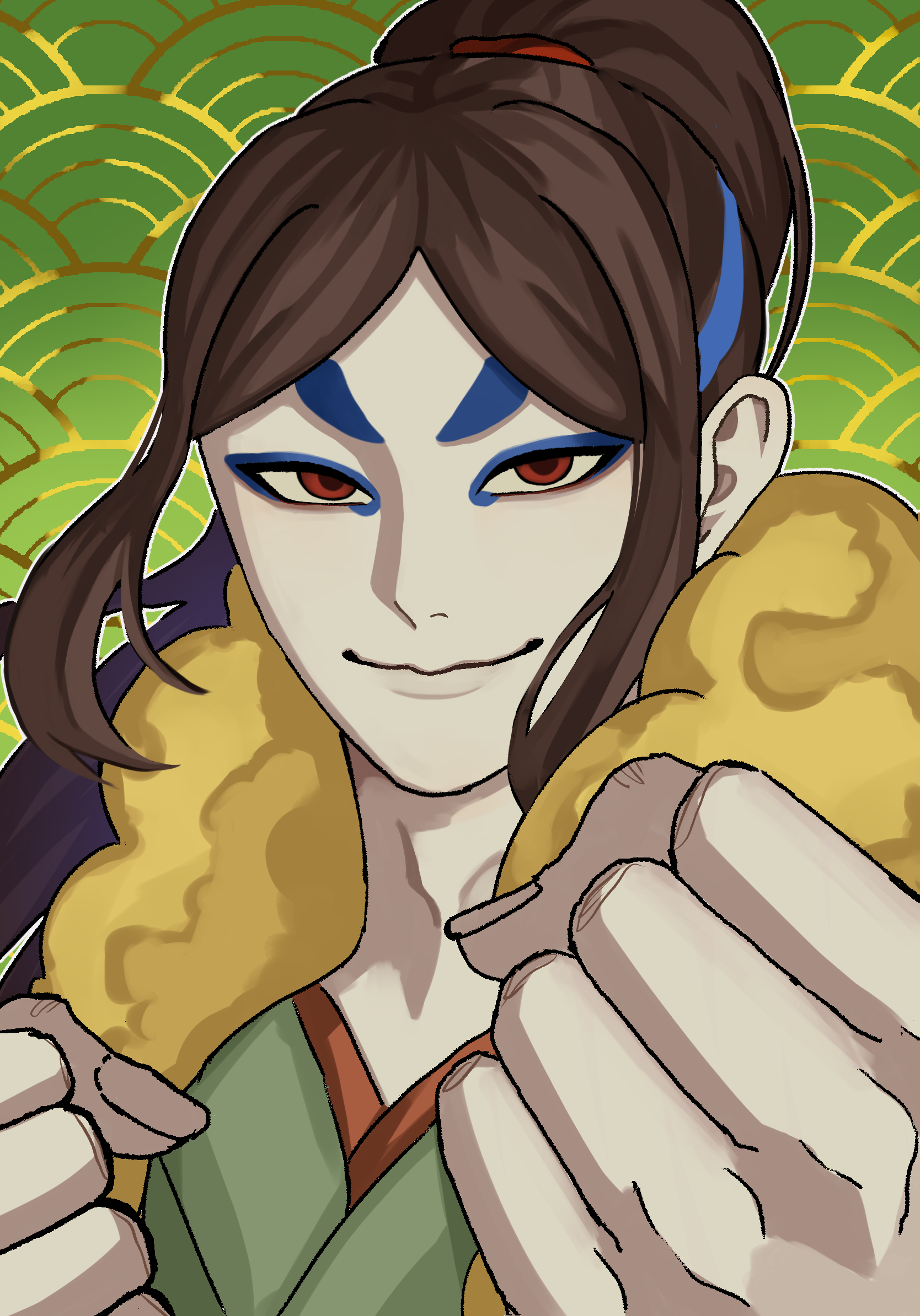 oogama (youkai watch), youkai watch, highres, 1boy, blue eyeshadow, brown hair, clenched hands, colored sclera, eyeshadow, japanese clothes, long hair, looking at viewer, makeup, male focus, pale skin, ponytail, portrait, red eyes, solo, wasaki 97, yellow sclera, youkai (youkai watch)