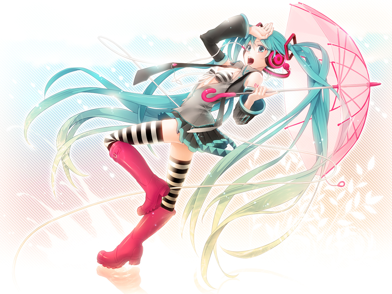 koyama kariko, hatsune miku, melt (vocaloid), vocaloid, aqua eyes, aqua hair, bikini, bikini top only, boots, detached sleeves, headphones, legs, long hair, necktie, pink boots, rubber boots, skirt, solo, striped clothes, striped thighhighs, swimsuit, thighhighs, transparent, transparent umbrella, twintails, umbrella, very long hair, zettai ryouiki