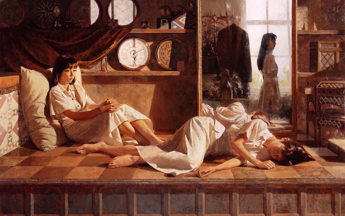 misawa hiroshi, original, traditional media, 3girls, barefoot, brown hair, clock, feet, hourglass, indoors, long hair, lying, mirror, multiple girls, on side, photorealistic, pillow, realistic, reflection, sitting