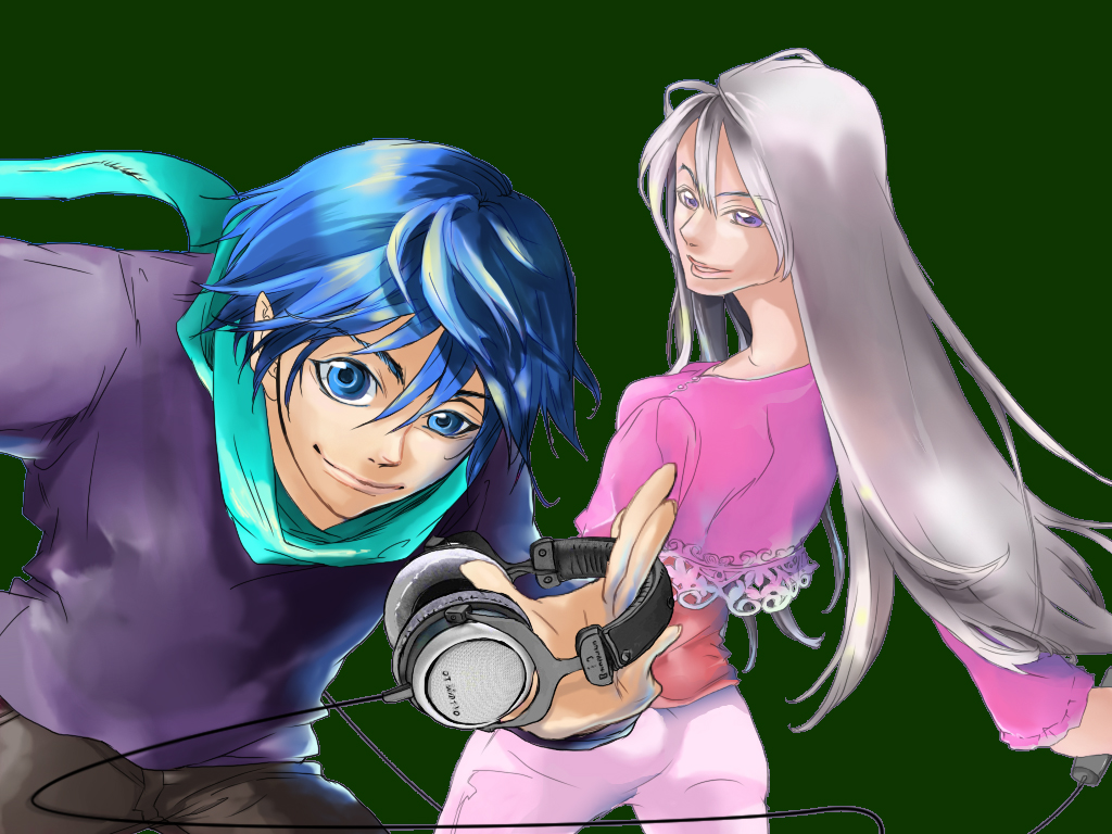 ko ao ginko, kaito (vocaloid), miriam (vocaloid), vocaloid, silver hair, bad id, bad pixiv id, blue eyes, blue hair, headphones, long hair, microphone, purple eyes, smile