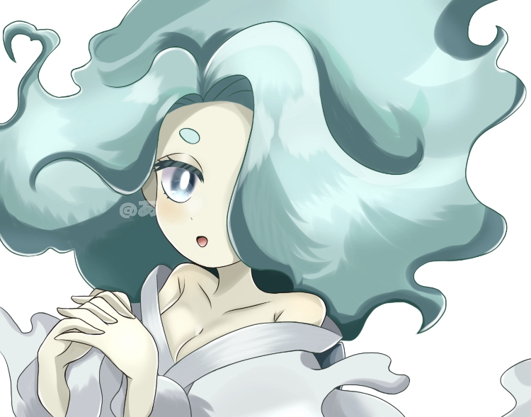 a (pixiv 72325308), enraenra (youkai watch), youkai watch, 1girl, artist name, bare shoulders, blue hair, breasts, cleavage, hair over one eye, long hair, looking at viewer, medium breasts, open mouth, simple background, solo, white background, youkai (youkai watch)