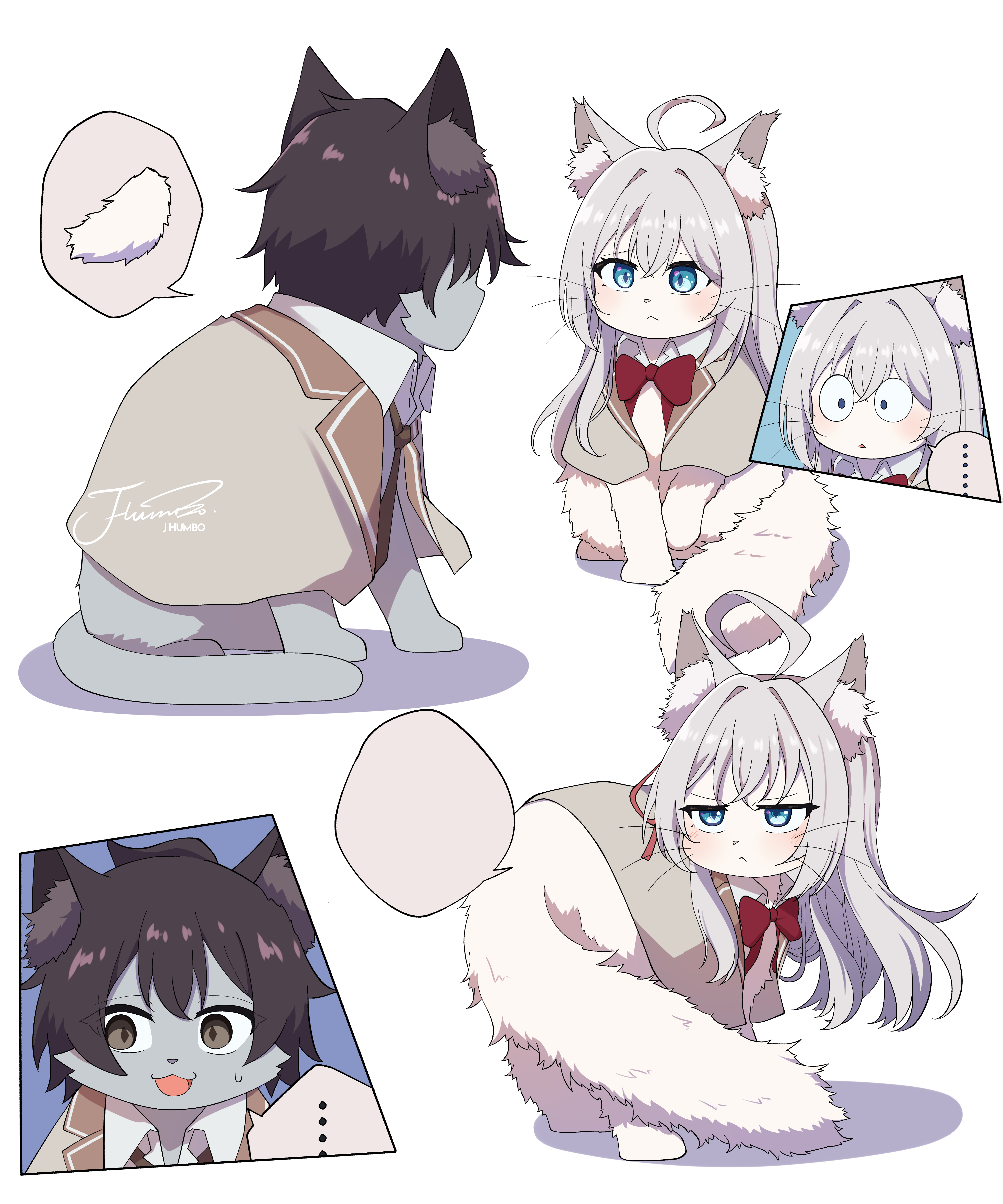j humbo, alisa mikhailovna kujou, kuze masachika, tokidoki bosotto roshia-go de dereru tonari no alya-san, absurdres, commentary, highres, symbol-only commentary, …, ahoge, animal, animal ear fluff, animalization, black hair, blank speech bubble, blue eyes, bow, bowtie, brown eyes, cat, closed mouth, clothed animal, grey hair, inset, long hair, no humans, open mouth, red bow, red bowtie, school uniform, seiren academy school uniform, short hair, signature, speech bubble, spoken ellipsis, spoken object, white background
