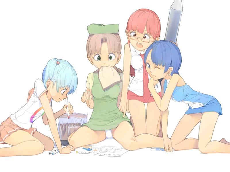 akinbo (hyouka fuyou), 4girls, barefoot, blue eyes, blue hair, brown hair, glasses, multiple girls, panties, pantyshot, recursion, red hair, spread legs, underwear, upskirt, white panties