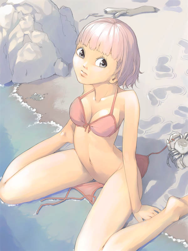 akinbo (hyouka fuyou), 1girl, barefoot, beach, bikini, bottomless, crab, crustacean, female focus, outdoors, pink bikini, pink hair, side-tie bikini bottom, sitting, solo, swimsuit, unworn bikini bottom, wariza, water