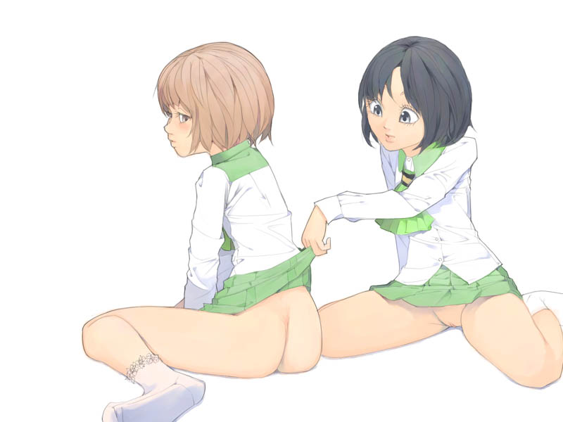 akinbo (hyouka fuyou), 2girls, ass, black eyes, black hair, bottomless, brown eyes, brown hair, multiple girls, no panties, petite, pussy, school uniform, uncensored