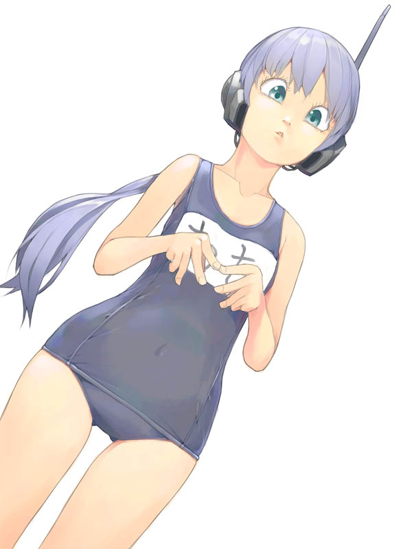 akinbo (hyouka fuyou), antennae, aqua eyes, green eyes, headset, helmet, one-piece swimsuit, ponytail, purple hair, school swimsuit, solo, swimsuit