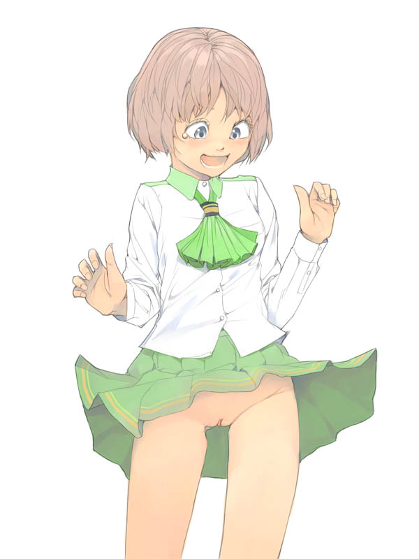 akinbo (hyouka fuyou), 1girl, brown eyes, brown hair, clothes lift, female focus, no panties, pussy, school uniform, skirt, skirt lift, solo, surprised, surprised arms, uncensored, wind, wind lift