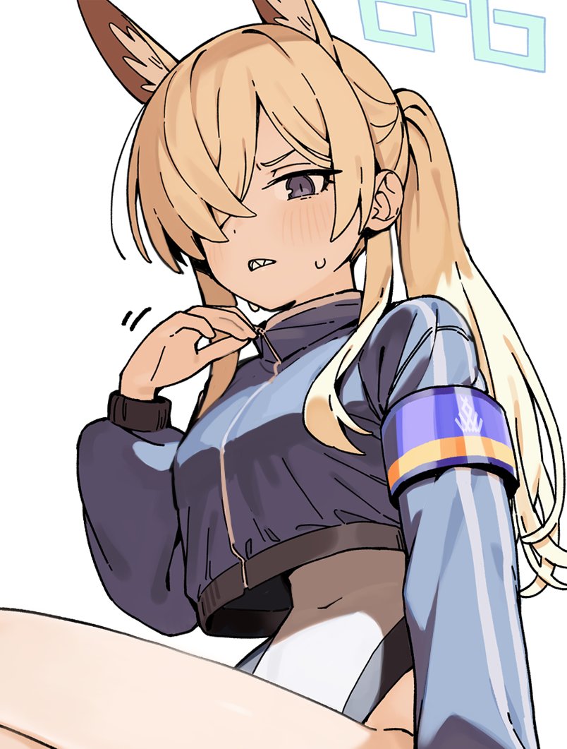 seramikku, kanna (blue archive), kanna (swimsuit) (blue archive), blue archive, commentary, symbol-only commentary, 1girl, animal ears, blonde hair, blue jacket, blush, covered navel, crop top, crop top overhang, cropped jacket, dog ears, grey eyes, hair over one eye, halo, hand up, jacket, long sleeves, one-piece swimsuit, ponytail, puffy long sleeves, puffy sleeves, sharp teeth, sidelocks, simple background, small sweatdrop, solo, sweat, swimsuit, swimsuit under clothes, teeth, white background, white one-piece swimsuit