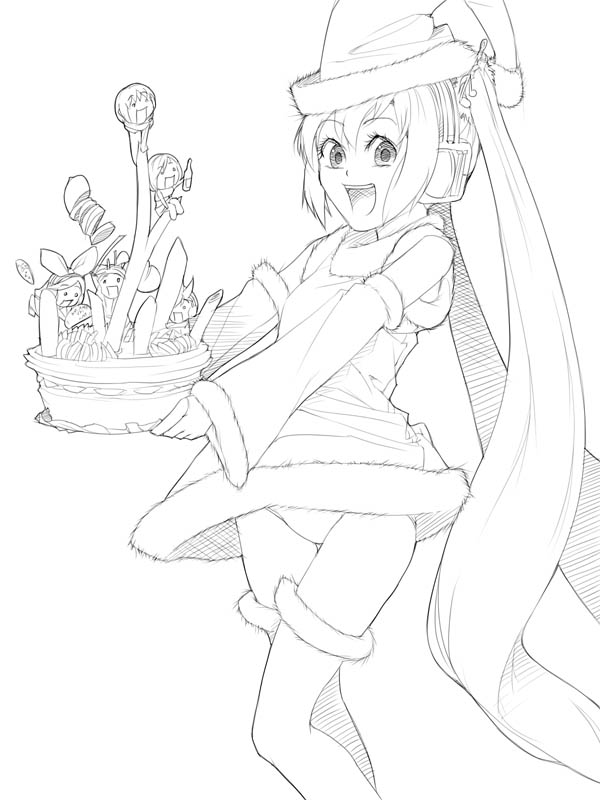 akinbo (hyouka fuyou), hatsune miku, kagamine rin, vocaloid, christmas, greyscale, long hair, monochrome, panties, pantyshot, santa costume, shorts, thighhighs, twintails, underwear, very long hair, wind, wind lift