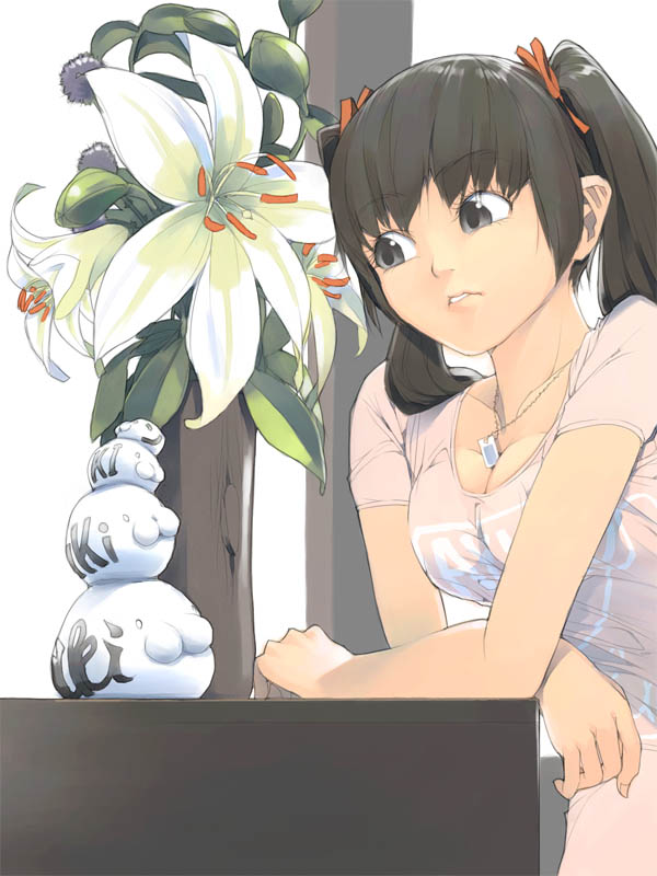 akinbo (hyouka fuyou), 1girl, :3, black eyes, black hair, breasts, cleavage, female focus, flower, hair ornament, medium breasts, ribbon, short twintails, solo, twintails