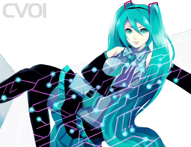 itori (clarice note), hatsune miku, vocaloid, aqua eyes, aqua hair, black thighhighs, circuit board, detached sleeves, lips, long hair, necktie, solo, thighhighs, twintails, very long hair