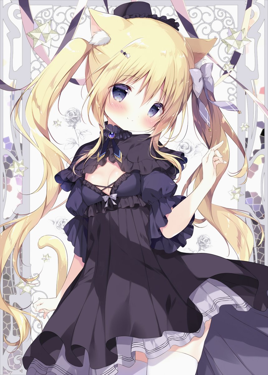 shiratama (shiratamaco), original, commentary, highres, symbol-only commentary, 1girl, animal ear fluff, animal ears, black dress, black hat, blonde hair, blush, bow, cat ears, cat girl, cat tail, closed mouth, dress, floral background, hair between eyes, hair bow, hair ornament, hand up, hat, head tilt, korone (shiratama), long hair, looking at viewer, mini hat, pleated dress, puffy short sleeves, puffy sleeves, purple bow, purple eyes, short sleeves, sidelocks, smile, solo, star (symbol), star hair ornament, tail, thighhighs, twintails, very long hair, white thighhighs, wide sleeves