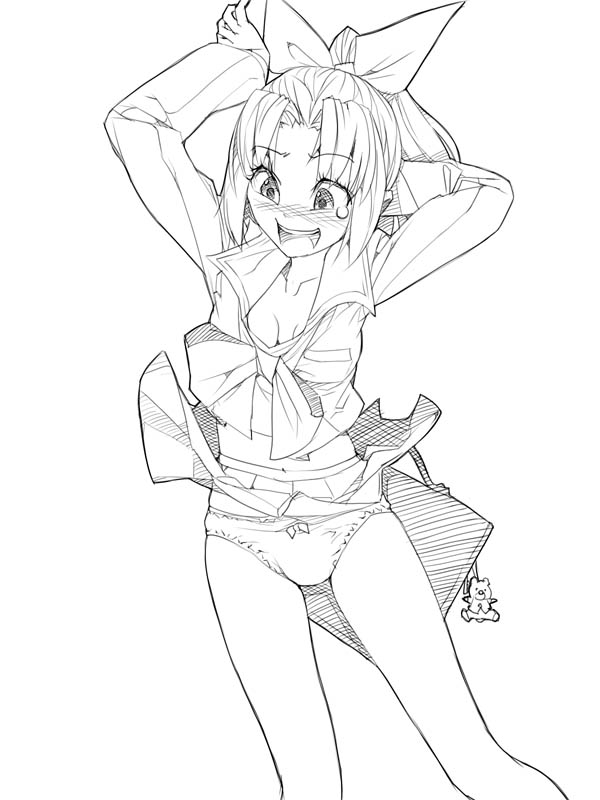 akinbo (hyouka fuyou), miyauchi lemmy, to heart, to heart (series), 1girl, bow, female focus, greyscale, hair bow, monochrome, panties, pantyshot, skirt, solo, tears, underwear, upskirt, wind, wind lift