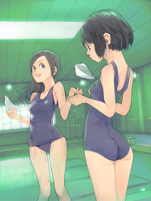 akinbo (hyouka fuyou), asai nana, 2girls, arched back, ass, black eyes, black hair, brown hair, long hair, multiple girls, one-piece swimsuit, pool, school swimsuit, short hair, swimsuit, water, wet