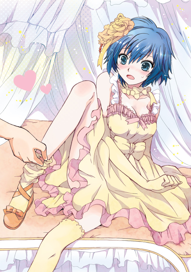 akina tsukako, shirogane naoto, atlus, persona, persona 4, 1girl, bed, bed sheet, blue eyes, blue hair, blush, breasts, canopy bed, cleavage, dress, elbow gloves, flower, frills, gathers, gloves, gothic lolita, hair flower, hair ornament, heart, kneehighs, light particles, lolita fashion, mary janes, ribbon, shoes, short hair, socks, solo focus, sweet lolita, thighhighs, yellow thighhighs