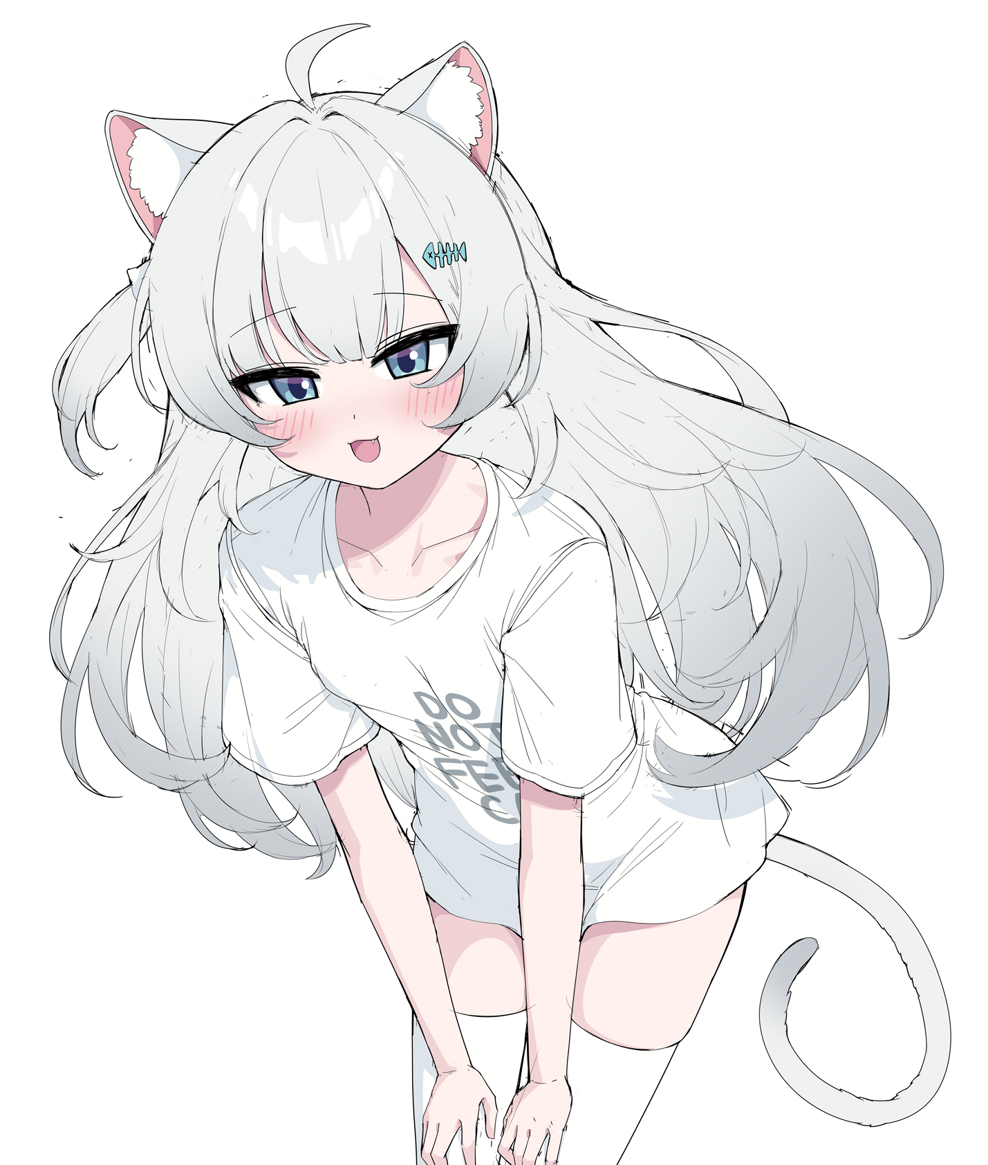 metaljelly, nachu (vtuber), indie virtual youtuber, commentary, highres, 1girl, ahoge, animal ear fluff, animal ears, blue eyes, blush, collarbone, cowboy shot, fang, fish hair ornament, grey hair, hair ornament, hands on own thighs, leaning forward, long hair, shirt, short sleeves, sidelocks, simple background, t-shirt, tail, text print, thighhighs, thighs, virtual youtuber, white background, white shirt, white thighhighs