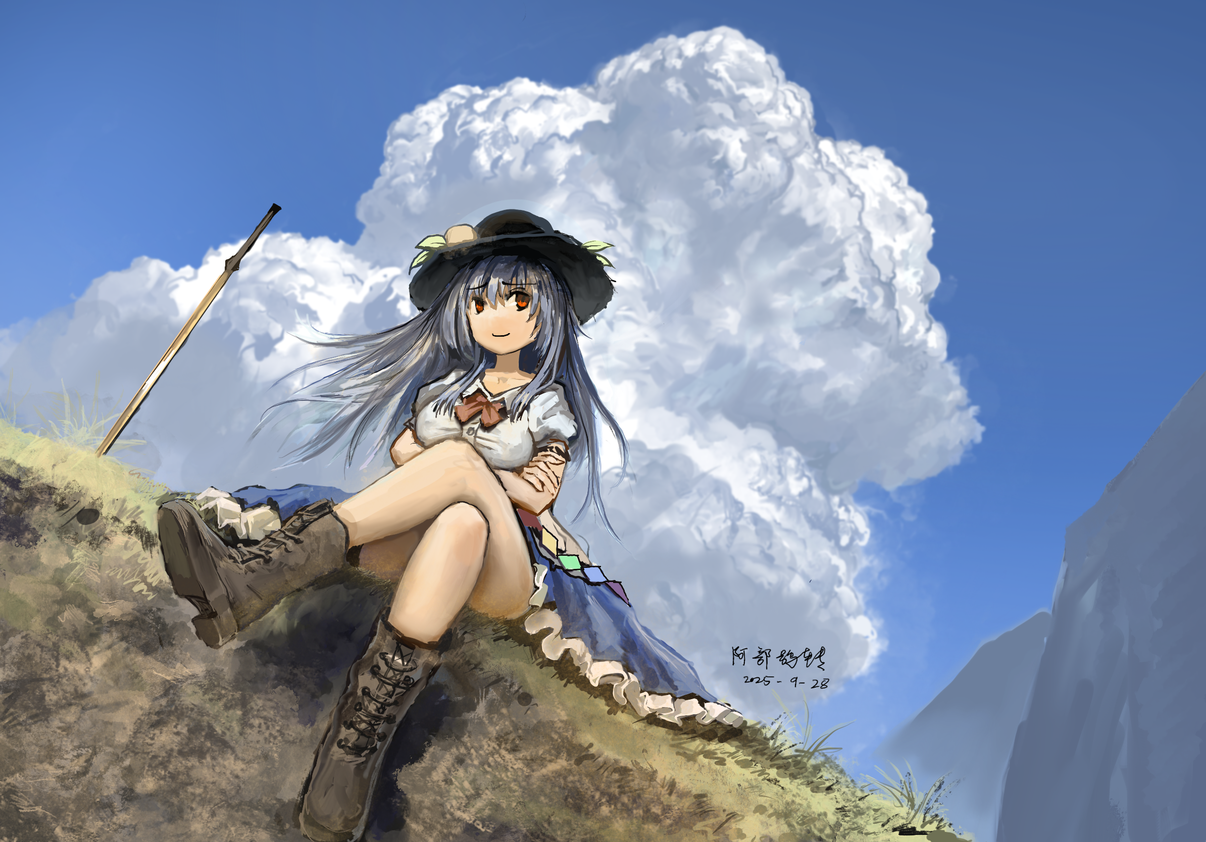 zhuxie1264852, hinanawi tenshi, touhou, commentary, highres, 1girl, artist name, black hat, blue hair, blue sky, boots, bow, bowtie, breasts, brown boots, closed mouth, cloud, crossed arms, crossed legs, dated, day, frilled skirt, frills, hat, hat ornament, lace-up boots, leaf hat ornament, long hair, looking at viewer, outdoors, peach hat ornament, planted, planted sword, planted weapon, puffy short sleeves, puffy sleeves, rainbow order, red bow, red bowtie, red eyes, shirt, short sleeves, skirt, sky, smile, solo, sword, sword of hisou, weapon, white shirt