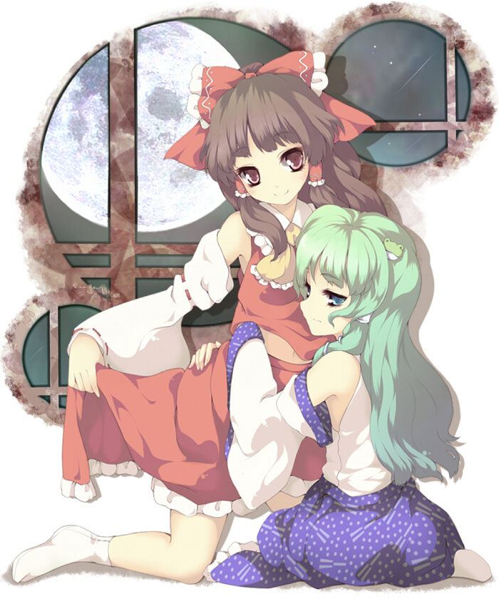 uruu gekka, hakurei reimu, kochiya sanae, touhou, 2girls, bare shoulders, detached sleeves, female focus, hug, japanese clothes, midriff, miko, multiple girls, socks, tabi