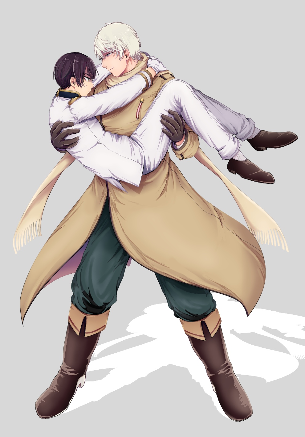 hachiware (user wwva4743), japan (hetalia), russia (hetalia), axis powers hetalia, commentary request, highres, 2boys, black gloves, boots, brown boots, brown coat, brown hair, brown shoes, carrying, closed mouth, coat, empty eyes, full body, gloves, green pants, grey background, hair between eyes, half-closed eyes, hands up, jacket, long sleeves, looking at another, male focus, medal, military, military jacket, military uniform, multiple boys, pants, princess carry, purple eyes, scarf, shadow, shoes, short hair, simple background, smile, socks, standing, star ornament, sweatdrop, white hair, white jacket, white pants, white socks, yaoi, yellow eyes, yellow scarf