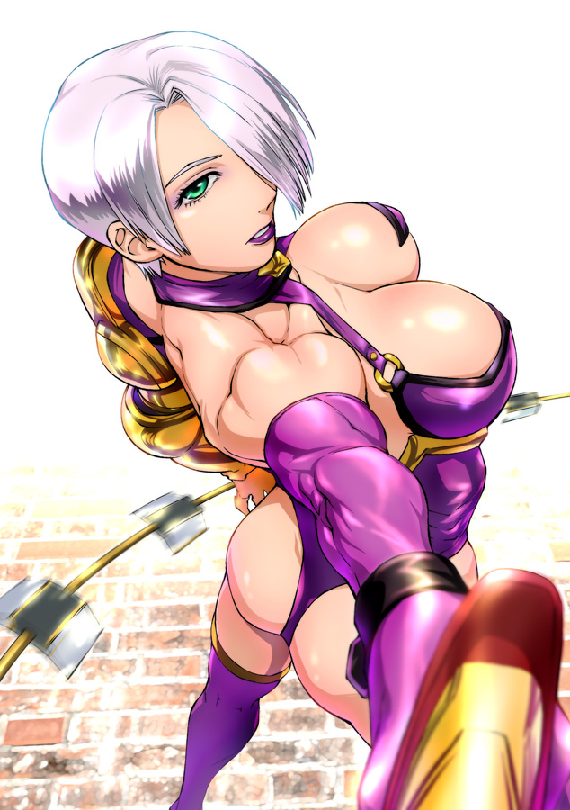 ueyama michirou, isabella valentine, namco, soul calibur, soulcalibur, soulcalibur ii, 1girl, ass, bare shoulders, biceps, bodysuit, breasts, cleavage, eyeshadow, female focus, foreshortening, gloves, green eyes, hair over one eye, large breasts, lipstick, makeup, muscular, muscular female, purple bodysuit, purple lips, revealing clothes, short hair, solo, sword, thighhighs, weapon, whip, whip sword, white hair