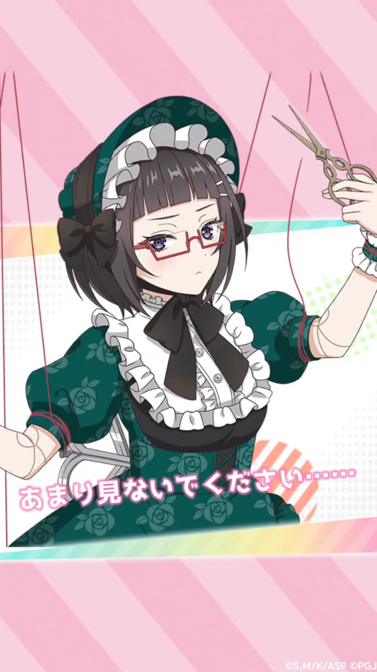 tokidoki bosotto roshia-go de dereru tonari no alya-san, tokidoki bosotto roshia-go de dereru tonari no alya-san puzzle party!, commentary request, highres, translation request, 1girl, black bow, black hair, blunt bangs, bow, closed mouth, dress, floral print, floral print dress, frown, green dress, halloween, halloween costume, holding, holding scissors, looking at viewer, print dress, puffy dress, puppet strings, purple eyes, red-framed eyewear, scissors, semi-rimless eyewear, short hair, solo, wrist cuffs