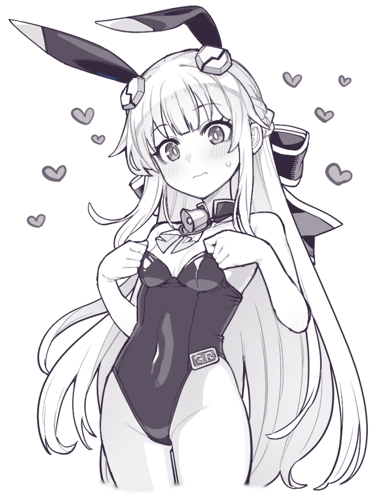 tsukinami kousuke, cosmic break, 1girl, animal ears, bare shoulders, bell, black leotard, blush, breasts, detached collar, fake animal ears, fake tail, hair ribbon, heart, leotard, long hair, looking at viewer, neck bell, playboy bunny, rabbit ears, ribbon, riel arianrhod, small breasts, strapless, strapless leotard, sweatdrop, tail, very long hair