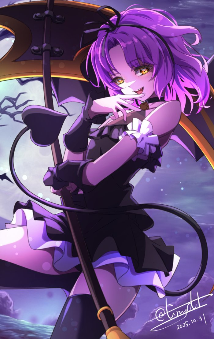 tinybiard, renne (eiyuu densetsu), eiyuu densetsu, sora no kiseki, 1girl, bare shoulders, bat (animal), black dress, bob cut, bow, clothing cutout, dated, demon girl, demon tail, dress, floating hair, full moon, hair bow, hair ribbon, halloween, holding, holding scythe, huge weapon, looking at viewer, moon, night, night sky, open mouth, outdoors, parted bangs, purple hair, ribbon, scythe, short hair, signature, sky, sleeveless, sleeveless dress, smile, solo, tail, thigh cutout, thighhighs, twitter username, upper body, weapon, yellow eyes