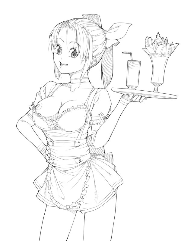 akinbo (hyouka fuyou), 1girl, breasts, cleavage, female focus, greyscale, large breasts, monochrome, nipple slip, nipples, solo, waitress, wardrobe malfunction