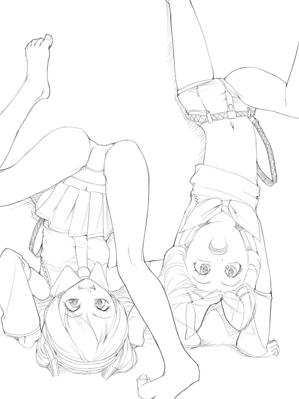 akinbo (hyouka fuyou), hatsune miku, kagamine rin, vocaloid, 2girls, barefoot, feet, greyscale, handstand, monochrome, multiple girls, navel, open mouth, panties, pantyshot, petite, shorts, sketch, thighhighs, twintails, underwear, upside-down
