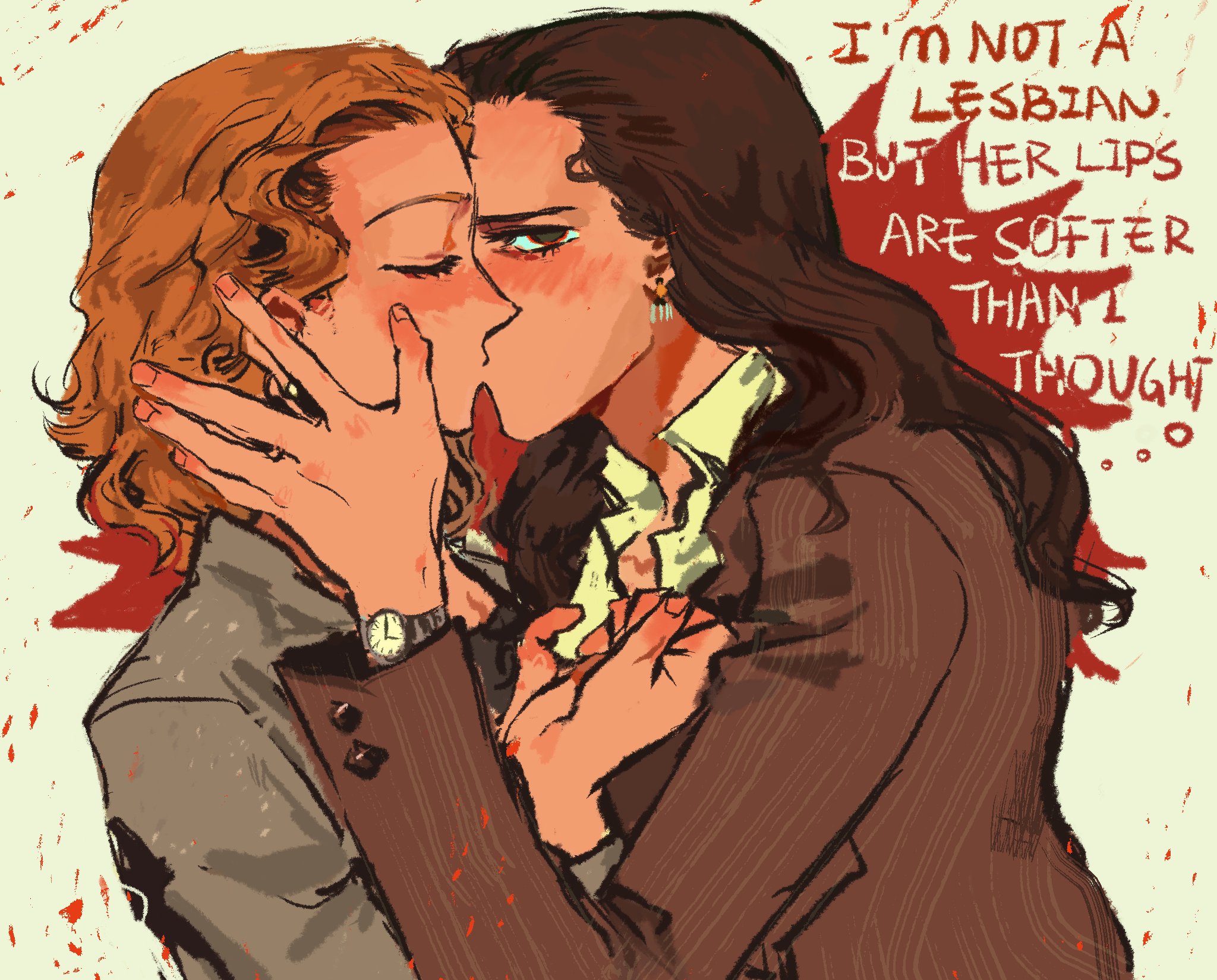 patrick bateman, american psycho, commentary, english commentary, highres, 2girls, black shirt, blush, brown hair, brown jacket, closed eyes, clothes grab, collarbone, collared shirt, curtained hair, dilated pupils, earrings, empty eyes, english text, fingernails, from side, genderswap, genderswap (mtf), grey jacket, hair slicked back, hand on another's head, jacket, jewelry, kiss, long hair, long sleeves, looking up, medium hair, multiple girls, nadamxd 0o0, partially unbuttoned, paul allen (american psycho), profile, raised eyebrows, red background, red eyes, shirt, shirt grab, upper body, watch, wavy hair, white background, white shirt, wristwatch, yuri