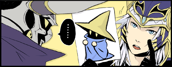 arita youko, black mage (final fantasy), garland (ff1), warrior of light (ff1), dissidia final fantasy, final fantasy, final fantasy i, silver hair, photo (medium), …, 2boys, black border, black gloves, blue eyes, border, brown hat, cloak, fake horns, gloves, hat, helmet, holding, horned helmet, horns, index finger raised, male focus, multiple boys, paper, photo (object), round teeth, solid oval eyes, speech bubble, spoken ellipsis, teeth, upper body, wizard hat, yellow eyes