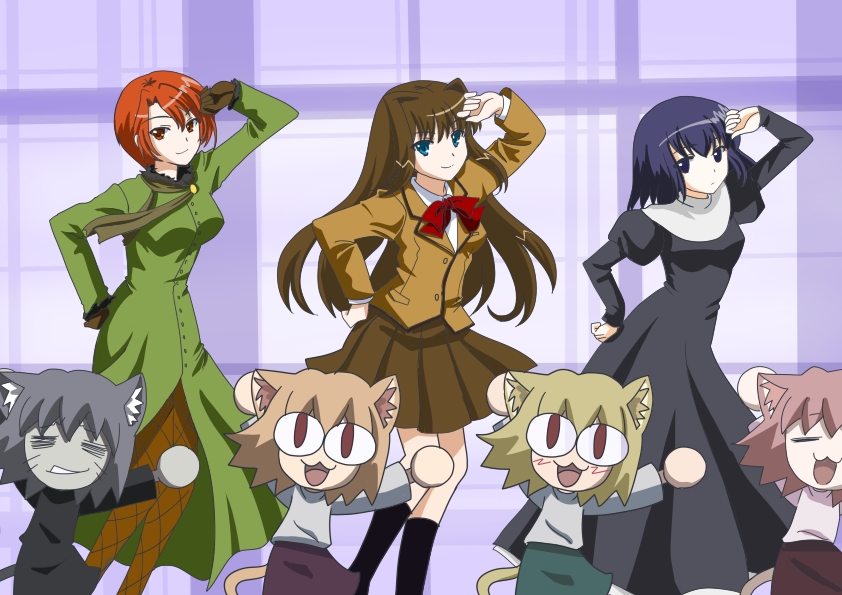 chize, aozaki aoko, aozaki touko, kuonji alice, neco-arc, neco-arc bubbles, neco-arc chaos, neco-arc destiny, carnival phantasm, mahou tsukai no yoru, melty blood, tsukihime, type-moon, derivative work, screenshot redraw, 1boy, 6+girls, :3, animal ears, black dress, black eyes, black hair, blonde hair, blue eyes, breasts, brown hair, brown shirt, brown skirt, cat ears, cat girl, cat tail, closed eyes, dancing, dress, green dress, grey hair, hair between eyes, hair intakes, jacket, long hair, long sleeves, looking at viewer, medium breasts, multiple girls, neco spirit, red eyes, red hair, reien girl's academy school uniform, school uniform, shirt, short hair, siblings, sisters, skirt, smile, super affection, sweater, tail