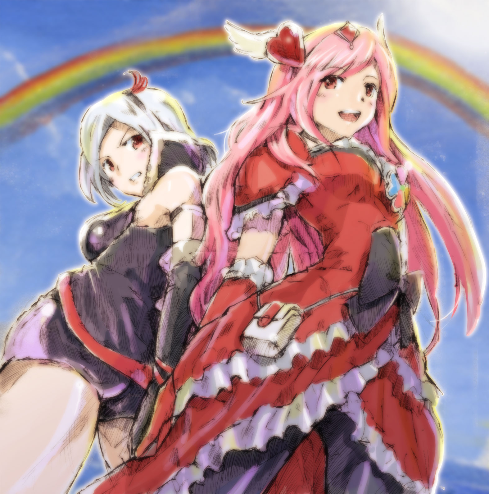 mayo riyo, cure passion, eas (fresh precure!), higashi setsuna, fresh precure!, precure, silver hair, bad id, bad pixiv id, highres, spoilers, 00s, 2girls, bow, dark persona, day, dual persona, hair ornament, heart, heart hair ornament, magical girl, multiple girls, pantyhose, pink hair, rainbow, sky, waist bow