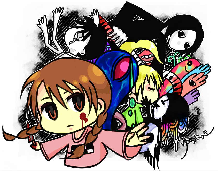 mogami (uduki0422), uduki0422, kasei-san, kyukkyu-kun, madotsuki, monoko, poniko, sekomumasada sensei, uboa, yume nikki, 1boy, 3girls, blood, blood on face, bloody weapon, copyright name, knife, multiple girls, pink shirt, shirt, weapon