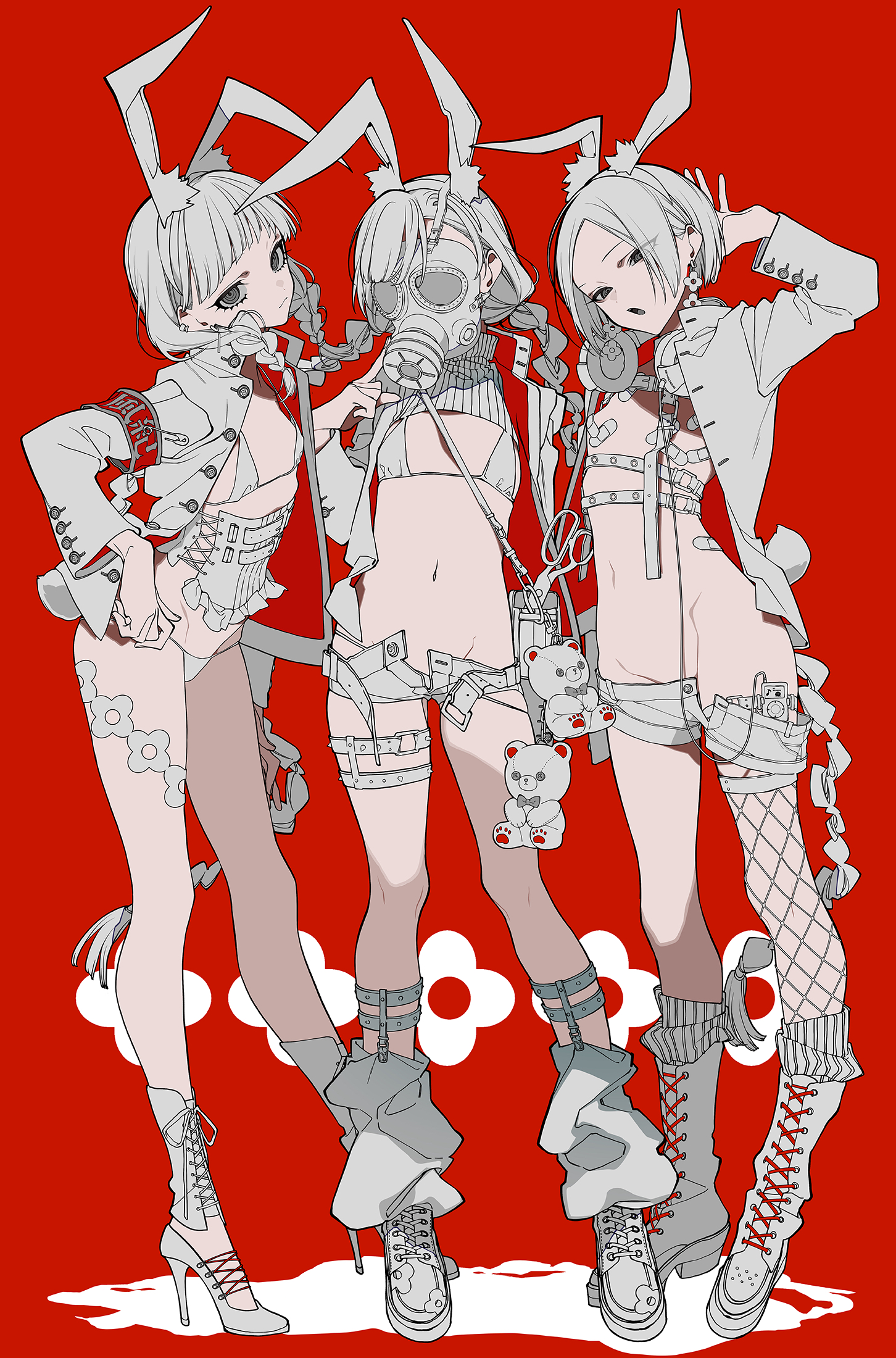 mochizuki kei, original, commentary request, highres, 3girls, animal ear fluff, animal ears, armband, belt, belt buckle, bikini, boots, braid, buckle, fake animal ears, fishnet thighhighs, fishnets, gas mask, groin, hair ornament, hairclip, high heels, jacket, lace-up boots, long hair, mask, multiple girls, navel, open clothes, open fly, open jacket, open shorts, partially colored, rabbit ears, red background, short shorts, shorts, simple background, single thighhigh, standing, swimsuit, thighhighs, thighhighs under boots, very long hair