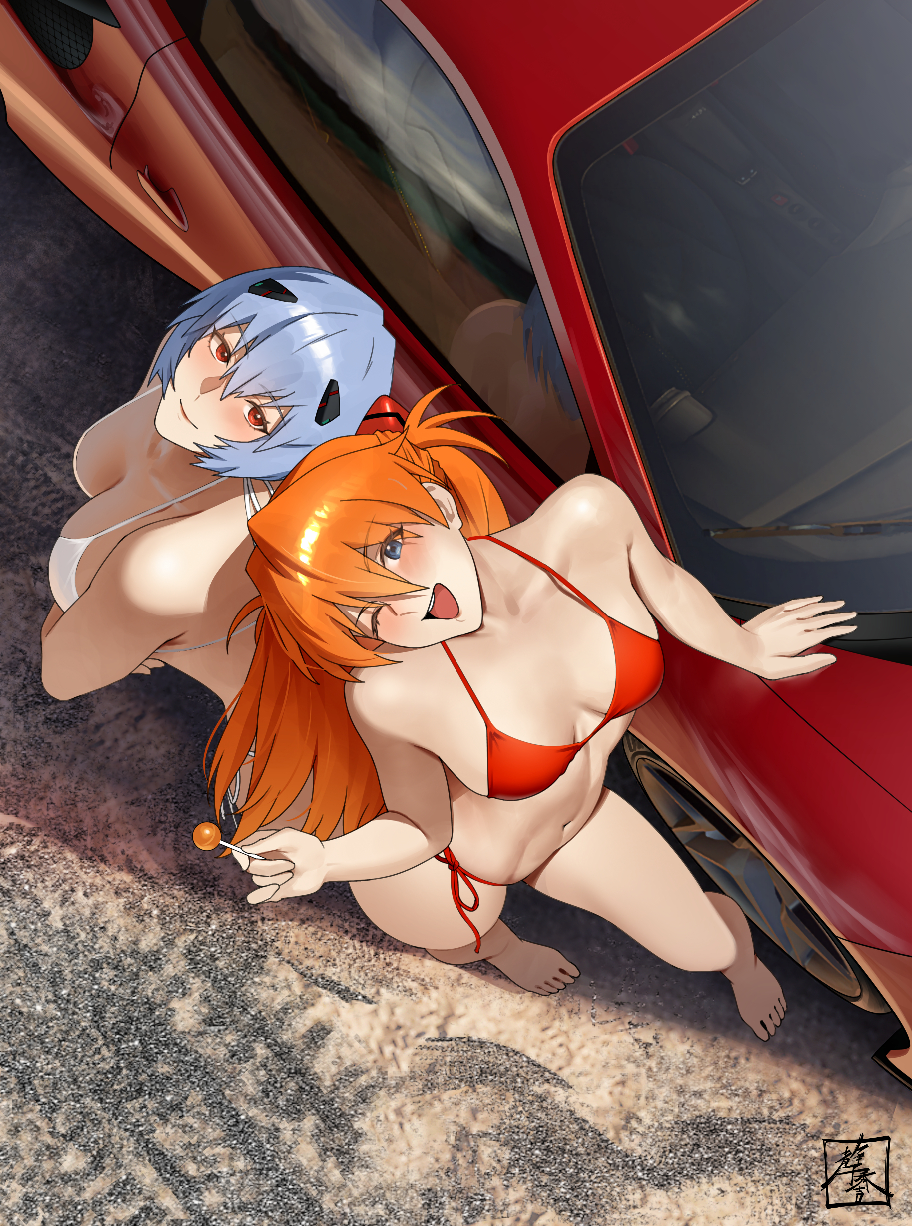 souryuu asuka langley, neon genesis evangelion, absurdres, artist request, highres, 2girls, artist name, bare legs, bare shoulders, barefoot, bikini, blue eyes, blue hair, breasts, brown hair, candy, car, cleavage, curvy, food, from above, indoors, large breasts, lips, lollipop, long hair, looking at viewer, midriff, motor vehicle, multiple girls, navel, one eye closed, red bikini, red eyes, shiny skin, short hair, side-tie bikini bottom, standing, sweat, swimsuit, thighs, thong, thong bikini, two side up, wide hips, wink